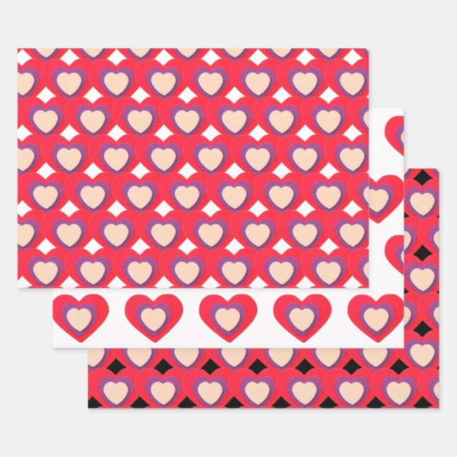 Hearts Red Purple Wrapping Paper Sheets Set of 3 (Set)