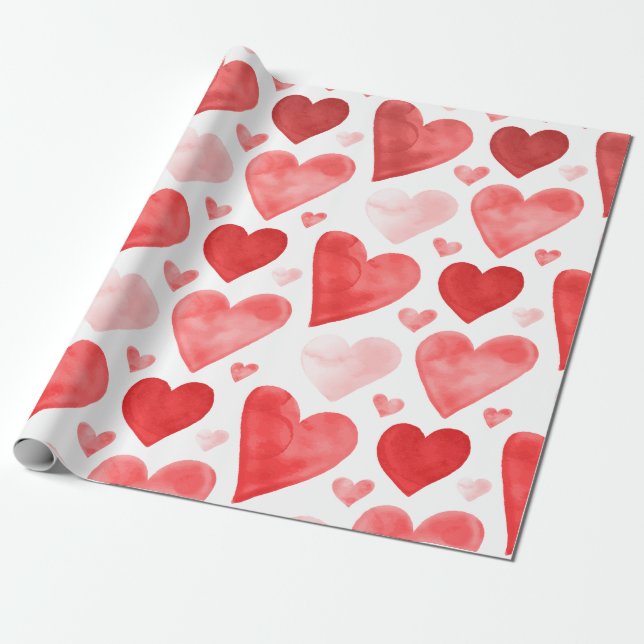 Hearts - Red Watercolor Hearts Wrapping Paper (Unrolled)