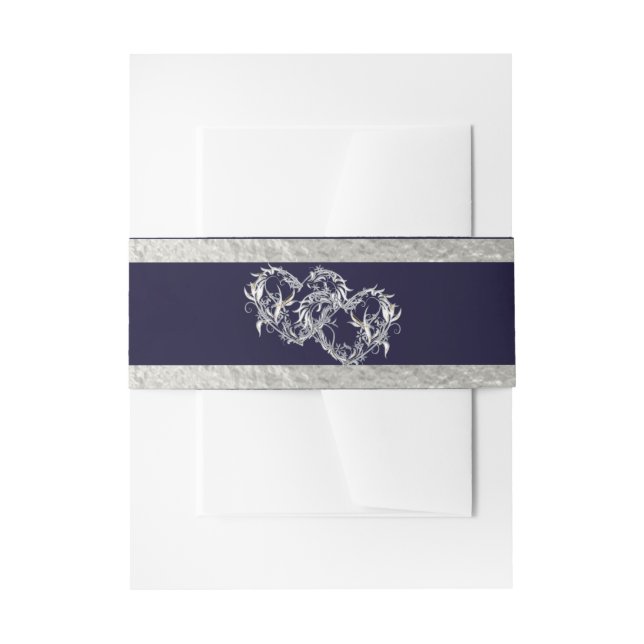Hearts & Ribbon - Navy Blue/Silver Invitation Belly Band (Front Example)