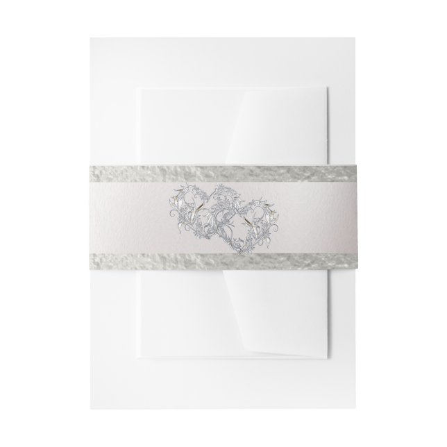 Hearts & Ribbon - White/Silver Invitation Belly Band (Front Example)