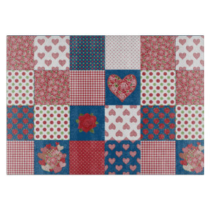 Hearts, Roses Faux Patchwork Glass Cutting Board