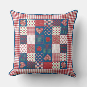Hearts, Roses Red, White, Blue Faux-Patchwork Cushion