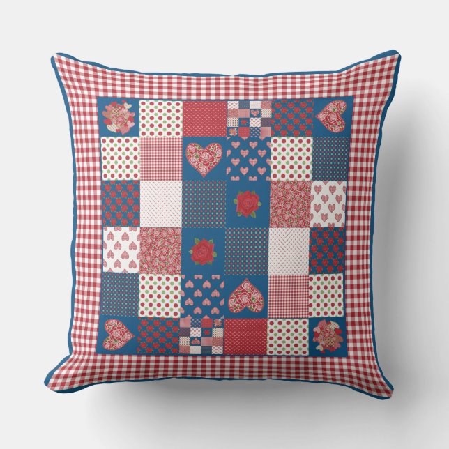 Hearts, Roses Red, White, Blue Faux-Patchwork Cushion (Front)