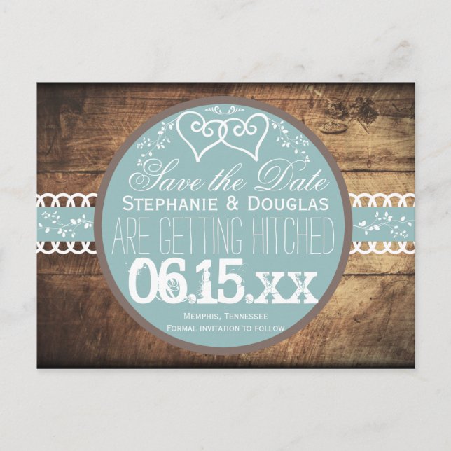 Hearts Rustic Wood Blue Save the Date Postcards (Front)