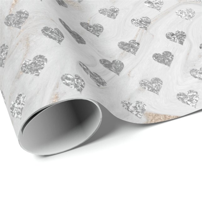 Hearts Silver Glam Pearly Ivory White Marble Glam Wrapping Paper (Roll Corner)