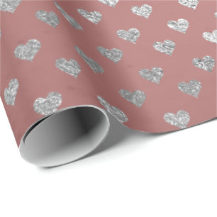 Hearts Silver Glam Pink Rose Gold Shiny Wrapping Paper