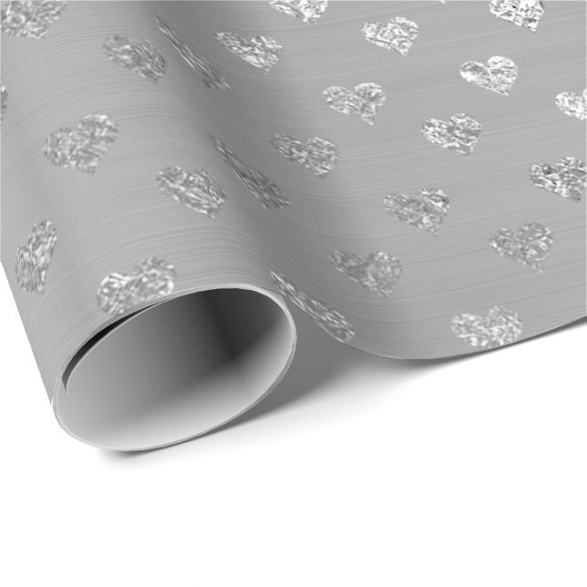 Hearts Silver Grey Metallic Monochromatic Glam Wrapping Paper (Roll Corner)