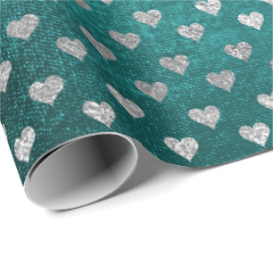 Hearts Silver Teal Aquatic Deep Tropical Green Wrapping Paper