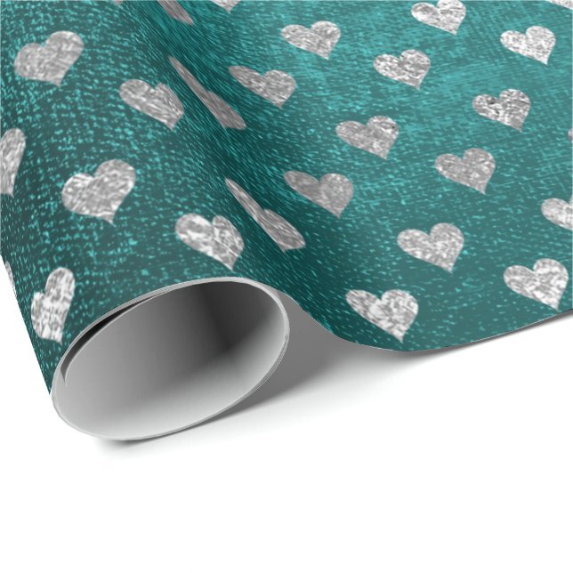 Hearts Silver Teal Aquatic Deep Tropical Green Wrapping Paper (Roll Corner)