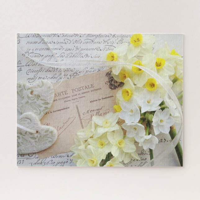 Hearts, spring flowers on old postcard jigsaw puzzle (Horizontal)