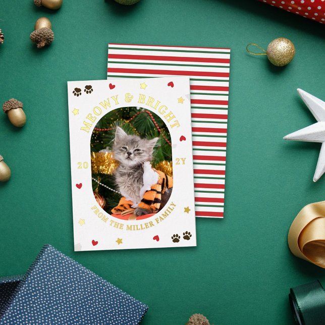 Hearts Stars Paws Meowy Bright Cat Christmas Gold Foil Holiday Card (Creator Uploaded)