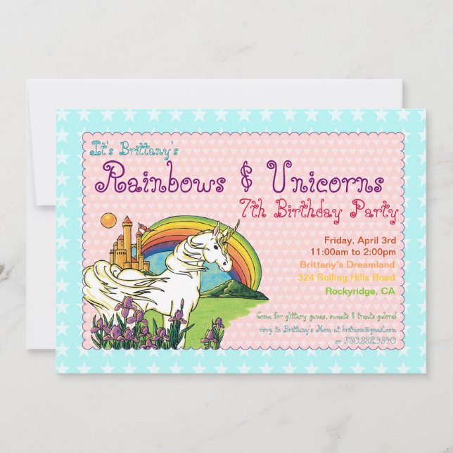 Hearts Stars Rainbow and Unicorns Invitation (Front)