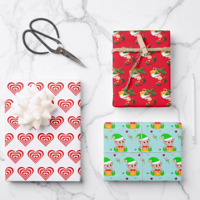Hearts, Stockings and Christmas Elf Wrapping Paper Sheet (Front)