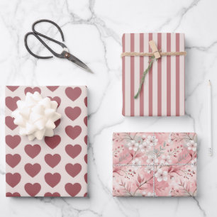 Hearts, Stripes, Sakura Pink Burgundy Wrapping Paper Sheet