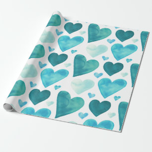 Hearts - Teal Watercolor Hearts Wrapping Paper