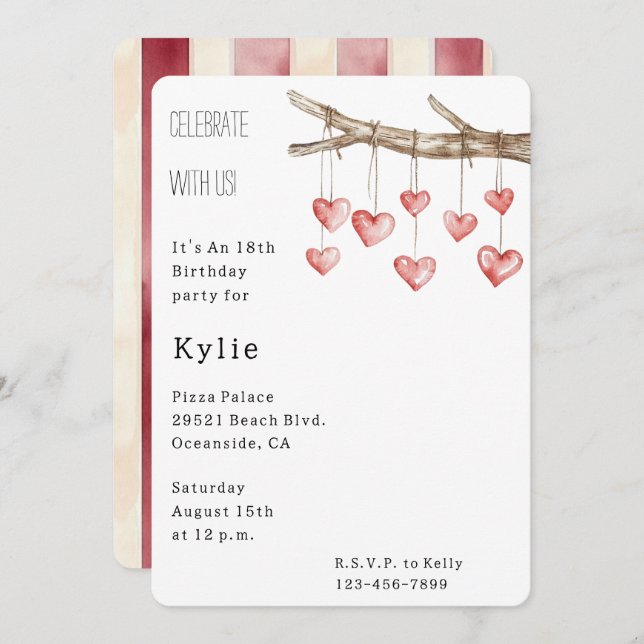 Hearts Tree Branch Birthday   Invitation (Front/Back)