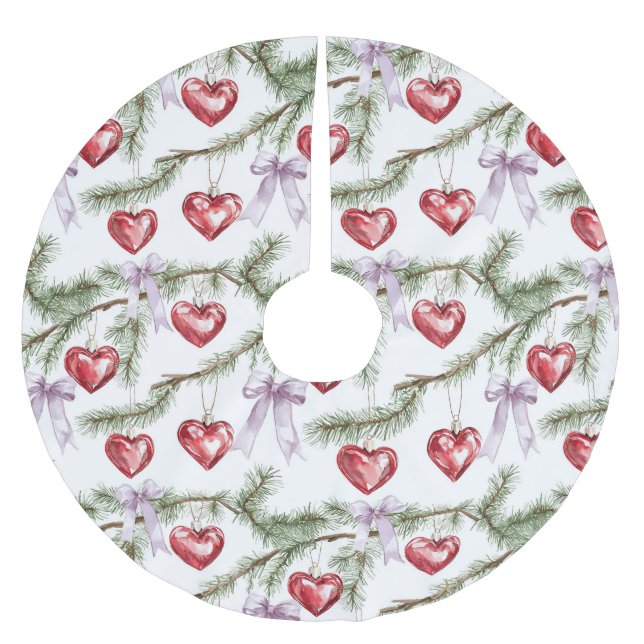 Hearts Trees Red Purple Bows Christmas Brushed Polyester Tree Skirt (Front)