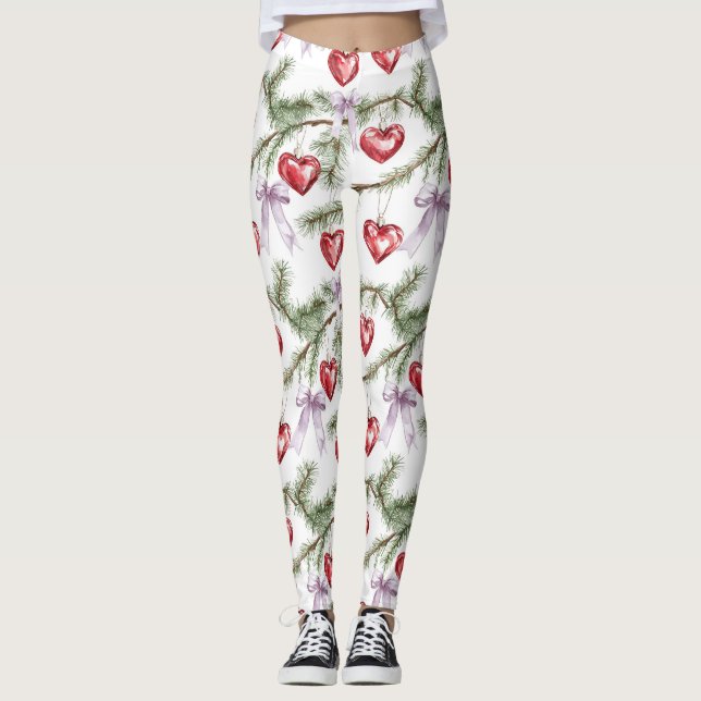 Hearts Trees Red Purple Bows Christmas Leggings (Front)