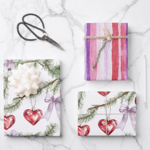 Hearts Trees Red Purple Bows Stripes Christmas Wrapping Paper Sheet