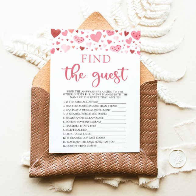 Hearts Valentine Find The Guest Baby Shower Game Invitation (Watercolor Cute Pink Red Hearts Valentine A Little Sweetheart Girl Find The Guest Baby Shower Game)
