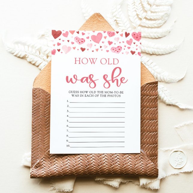 Hearts Valentine How Old Was She Baby Shower Game Invitation (Watercolor Cute Pink Red Hearts Valentine A Little Sweetheart Girl How Old Was She Baby Shower Game)