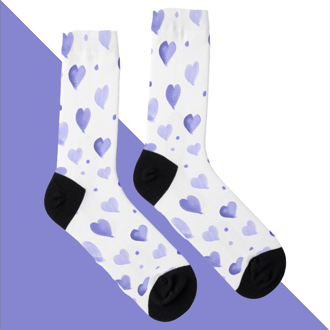 Hearts Watercolor Blue Pattern Socks (A pair of socks with a blue watercolor heart and polka dot pattern)