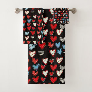 Hearts Watercolor Hand Drawn Blue Red white Bath Towel Set