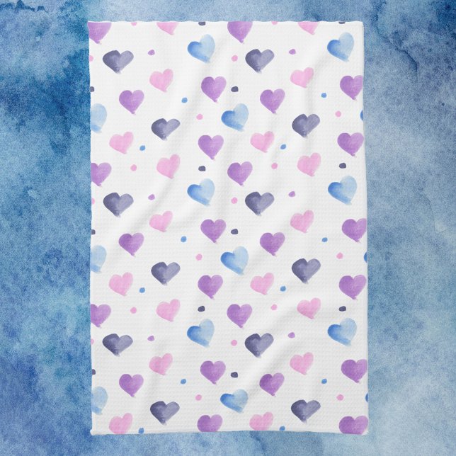 Hearts Watercolor Pattern Pink Blue Purple Tea Towel (A kitchen towel with a watercolor heart pattern done in pink, blue and purple)