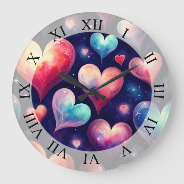 Hearts  Watercolor Valentine  Art  Large Clock (Front)