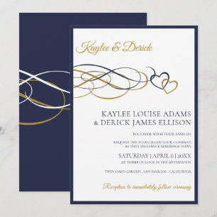 Hearts Wedding Invitations Dark Navy Blue & Gold