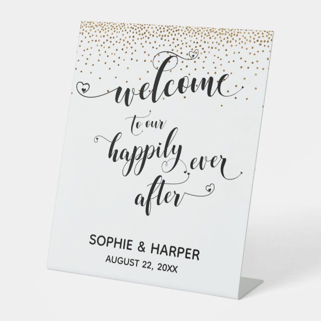 Hearts Welcome to Our Happily Ever After Gold Sign (Front)