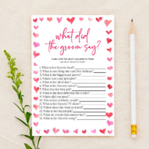 Hearts What Did The Groom Say? Bridal Shower Game  Stationery