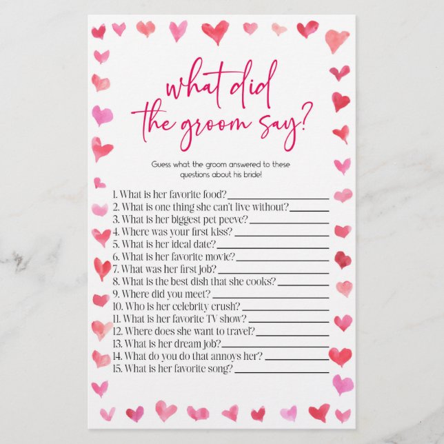Hearts What Did The Groom Say? Bridal Shower Game  Stationery (Front)