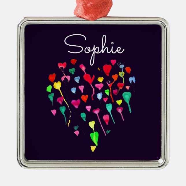 Hearts whimsical personalised name heart art metal ornament (Front)