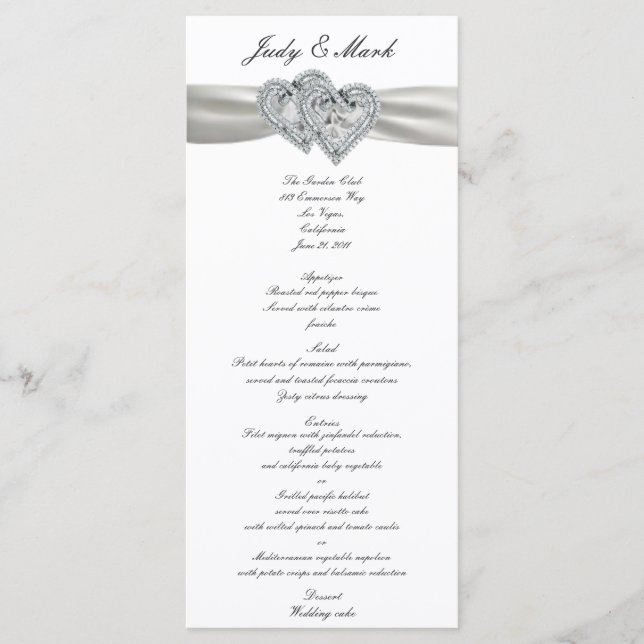 Hearts White Wedding Menu Card (Front)