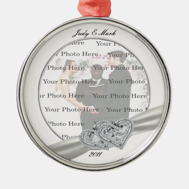 Hearts White Wedding Round Silver Ornament (Front)