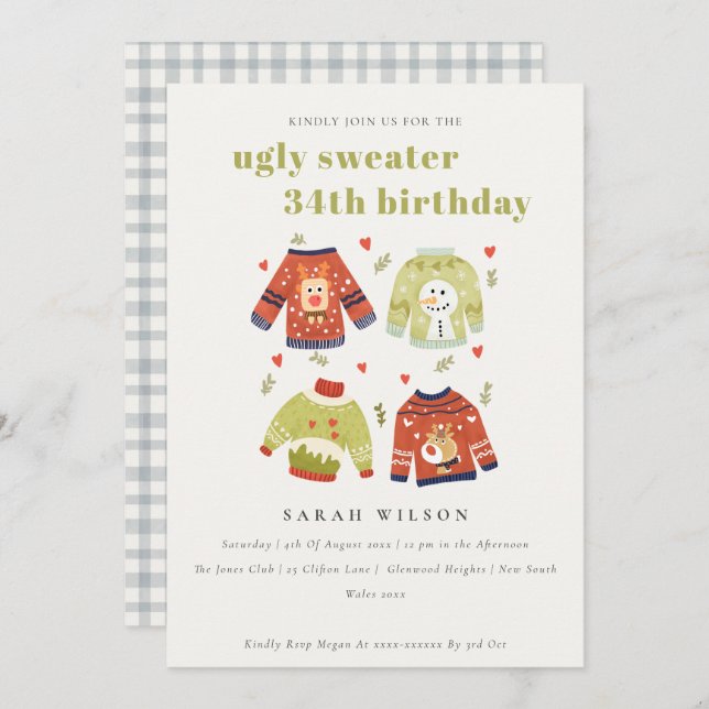 Hearts Winter Ugly Sweater Any Age Birthday Invite (Front/Back)