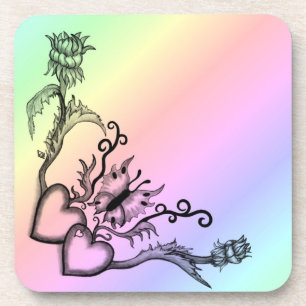 Hearts with Flowers and Butterfly in Tattoo Style Coaster