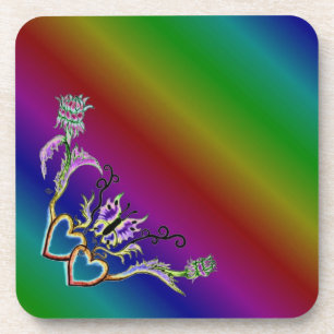 Hearts with Flowers and Butterfly in Tattoo Style Coaster