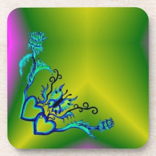 Hearts with Flowers and Butterfly in Tattoo Style Coaster