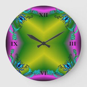 Hearts with Flowers and Butterfly in Tattoo Style Large Clock