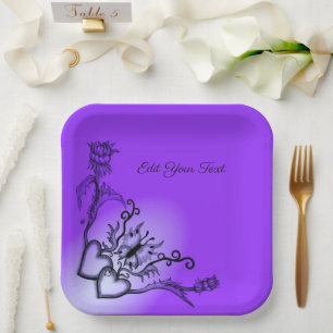 Hearts with Flowers and Butterfly in Tattoo Style Paper Plate
