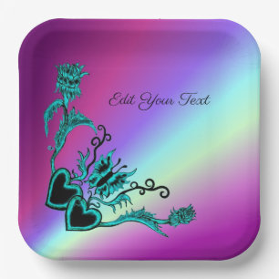 Hearts with Flowers and Butterfly in Tattoo Style Paper Plate