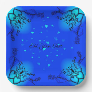 Hearts with Flowers and Butterfly in Tattoo Style Paper Plate