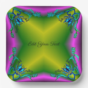 Hearts with Flowers and Butterfly in Tattoo Style Paper Plate