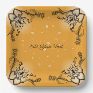 Hearts with Flowers and Butterfly in Tattoo Style Paper Plate