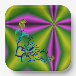 Hearts with Flowers and Butterfly in Tattoo Style Paper Plate