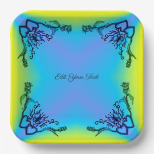 Hearts with Flowers and Butterfly in Tattoo Style Paper Plate