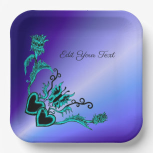 Hearts with Flowers and Butterfly in Tattoo Style Paper Plate