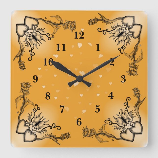 Hearts with Flowers and Butterfly in Tattoo Style Square Wall Clock (Front)